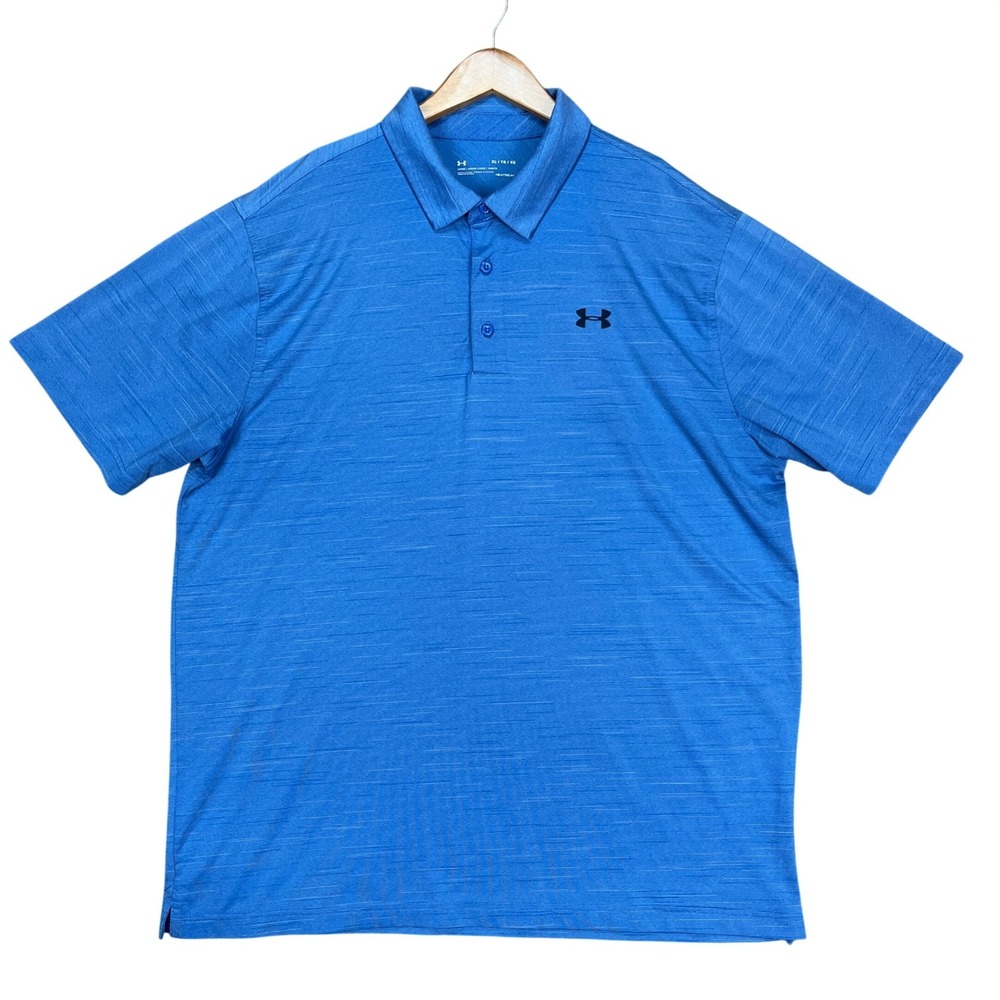 Under Armour Polo Shirt Men XL Blue 3 Button Placket HeatGear Loose Fit Golf EUC